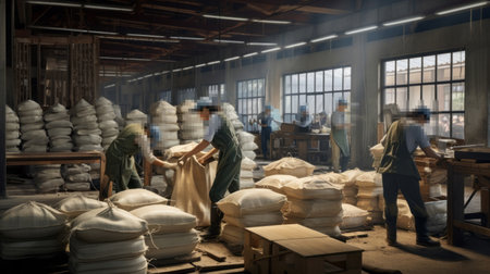 Blurred warehouse factory, illegal labour exploitation in sweatshop manufacturing conceptの素材