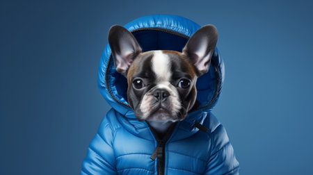 Portrait of dog wearing a jacket or raincoat on flat blue backgroundの素材
