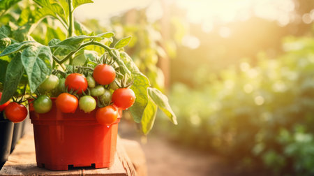 Tomato plant in pot. Fresh bunch of tomatoes on branch in organic vegetable gardenの素材