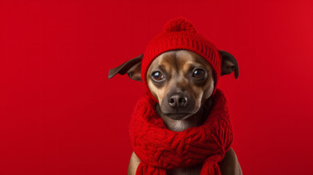 Dog wearing beanie cap and scarf. Portrait of pet dressed for autumn or winterの素材