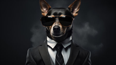 Cool dog wearing a suit, tie and sunglasses. Pet dressed as bodyguard or secret agentの素材