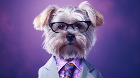 Portrait of a dog wearing a suit, tie and glasses. Pet dressed in business attireの素材