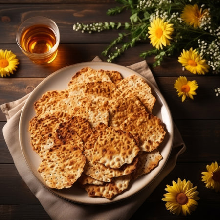Close up portrait of traditional jewish passover food on table with sunflowers.の素材