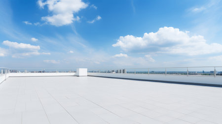 Empty brick concrete floor and modern cityscape with blue sky. Background copyspace conceptの素材