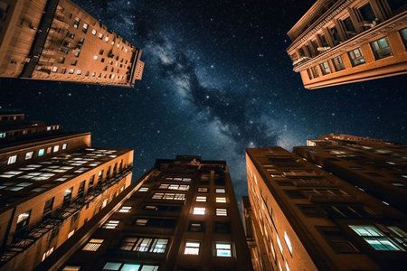 Night, milky way and stars in low angle city for stargazing, astrophotography and dark sky view. Aiの素材