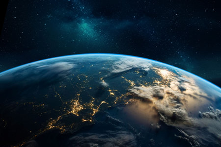 Earth, surface or closeup in space, galaxy and universe for science research, astrology and planetの素材
