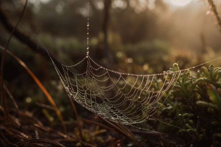 Nature, rain and dew drop with spider web in forest for morning, green environment andの素材