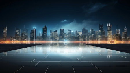 Empty brick concrete floor and modern cityscape with night sky. Background copyspace conceptの素材