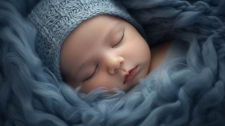 Closeup of sleeping newborn boy baby. Portrait of baby wrapped in blanketの素材