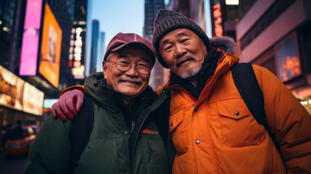 Senior retired city friends travel in winter together. Outdoor travel fashionの素材