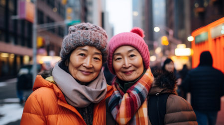 Senior retired city friends travel in winter together. Outdoor travel fashionの素材
