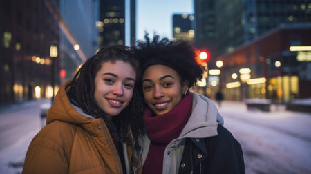 City friends in winter smiling together having fun. Gen Z outdoor travel fashionの素材