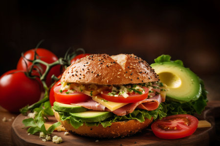 Food, catering and avocado with ham bun on table for restaurant, bakery and hospitality. Aiの素材
