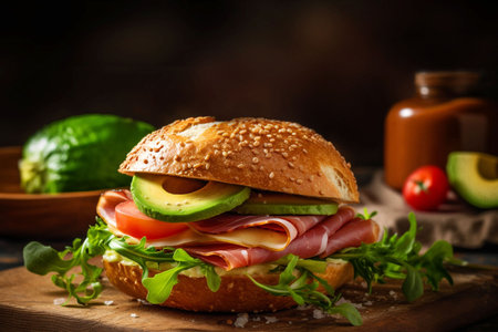 Food, health or avocado with bacon bun on table for restaurant, bakery and hospitality. Ai generatedの素材