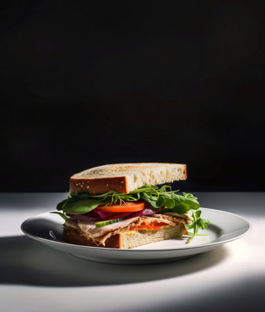 Food, catering and roast chicken sandwich on table for restaurant, bakery and hospitality. Aiの素材
