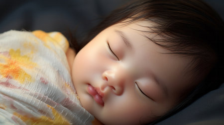 Closeup of sleeping newborn boy baby. Portrait of baby wrapped in blanketの素材