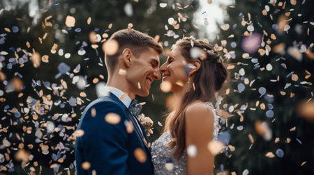 Love, confetti and wedding with couple and kiss for celebration, party and save the date event. Aiの素材