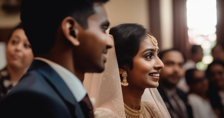 Love, smile and happy with Indian couple at wedding for celebration, party and save the date eventの素材