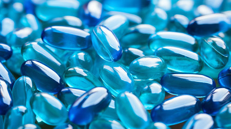 Blue gel pills background. Health supplement and science medicine research conceptの素材