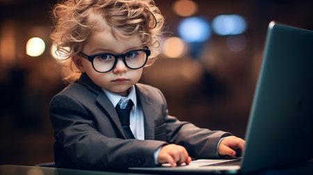 Toddler boy dressed as a business man. Young boy with a laptop computer.の素材