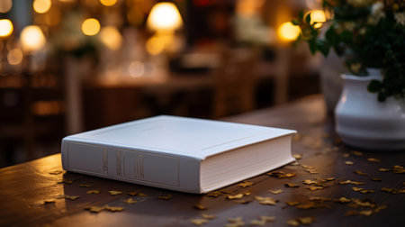 Religious book laying on outdoor table. Blank cover. Religion and faith concept.の素材