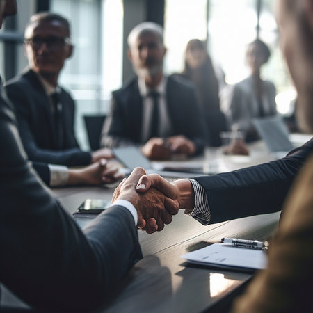 Business people, handshake and corporate meeting in conference for b2b, deal or agreement at officeの素材