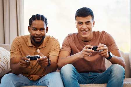 Men on sofa with video games, excited fun and relax in home living room together on internet with...