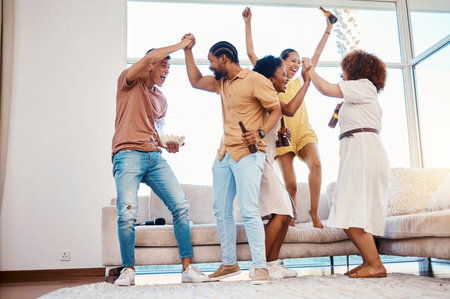 Beer, excited and friends celebrate at a house with happiness, fun and energy in a lounge....