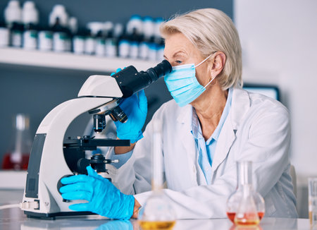 Microscope, senior woman and science research with testing for a pharmaceutical or lab study. Chemistry, biometric and molecule analytics equipment for healthcare solution and check in a hospitalの写真素材