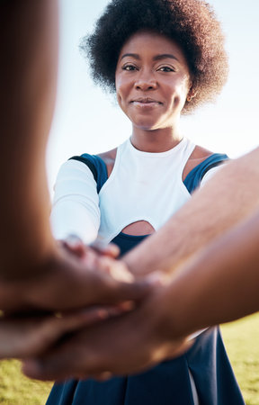 Cheerleader team, hands together and portrait of happy woman in sports competition support, dance cooperation or routine. Cheerleading, group solidarity and dancer teamwork, unity or commitment trustの写真素材