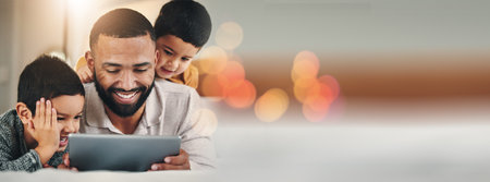 Banner, dad and children with games in living room, entertainment and learning on cartoon network. Diverse family, boys and father with happiness by streaming online, animation and education by videoの写真素材