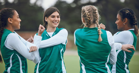 Field, women and team stretching, fitness and warm up with exercise, wellness and sports. Hockey,...