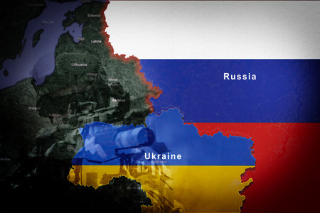 Map, Ukraine and Russia flag with double exposure, war and soldier with gun, shooting or battlefield. Global conflict, satellite view and international warzone for freedom, military or human rightsの写真素材