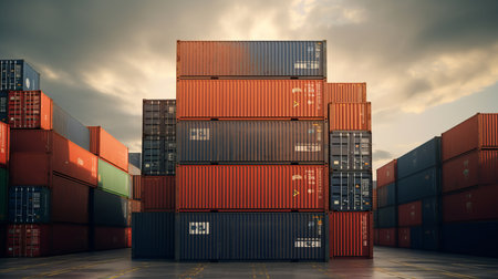 Cargo shipping containers stacked, cross-docking business exports of goodsの素材