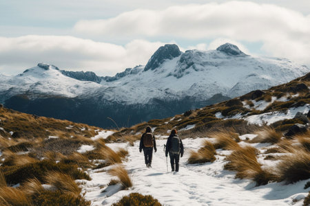 Snow, hiking and travel with people in mountains for explore, environment and landscape. Aiの素材