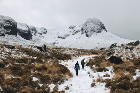 Snow, hiking and landscape with people in mountains for explore, environment and travel. Aiの素材