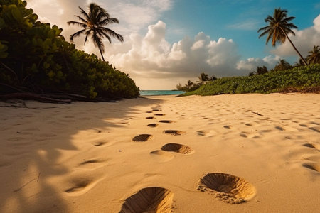 Summer, tropical and footprints in sand of beach for nature, explore and adventure. Ai generatedの素材
