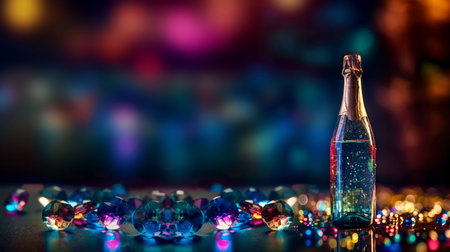 Closeup, champagne in bottle with new year in restaurant, night club and event for celebrationの素材