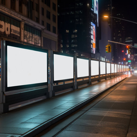 Town billboard, night and mockup space for marketing, blank advertising or ai generated informationの素材