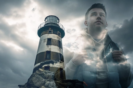 Lighthouse, hiking man and double exposure of travel and direction. Ai generated light for adventureの素材