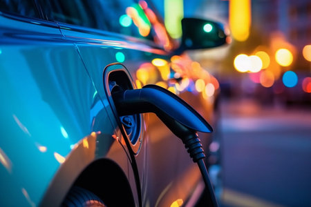 Closeup electric car, charger or city in eco friendly transport, green energy or ai generated travelの素材