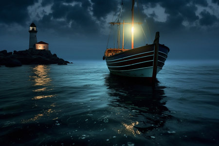 Lighthouse, fishing boat in ocean for port direction at night. Ai generated light and ship at seaの素材