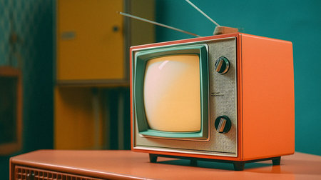 Retro TV on a table at home for old entertainment show. Ai generated of vintage television in houseの素材