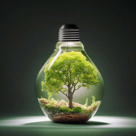 Light bulb, plants or isolated growth in carbon footprint, sustainability or ai generated recyclingの素材