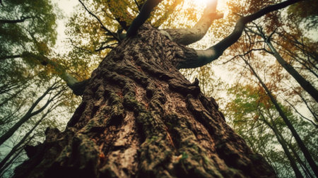 Low angle forest, trees and bark view with texture, detail and ai generated sunshine in woodsの素材