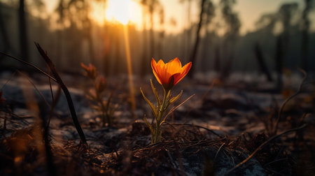 Closeup, flower and crocus plant growth in nature, forest and ai generated woods for sustainabilityの素材