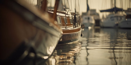 Ocean boat, yacht and deck for travel, holiday and vacation with water view and ai generated seaの素材