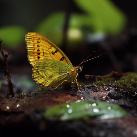 Closeup, butterfly and flying insect in nature woods for forest, sustainability and ai generated bugの素材