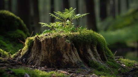 Closeup, forest and tree stump with sapling, growth and sustainability with ai generated plantの素材