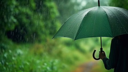 Rain, woman and umbrella for water drops shield. Ai generated person in nature for sustainabilityの素材